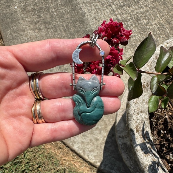 🦊 Trade for K!  Nightdreamer Jasper Swinging Fox and Opal Moon Pendant Necklace - Picture 2 of 16